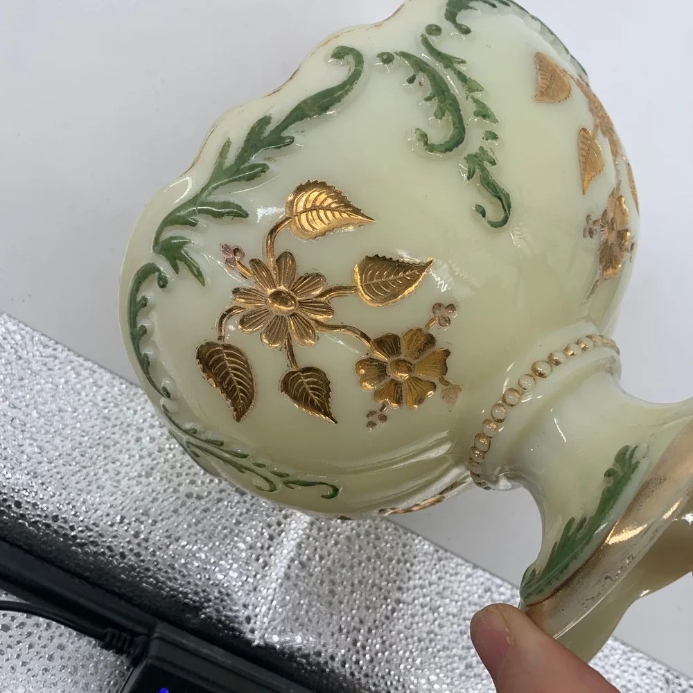 Vintage Custard Glass Pedestal Bowl Gold Floral Hand Painted Ruffled Footed Glow